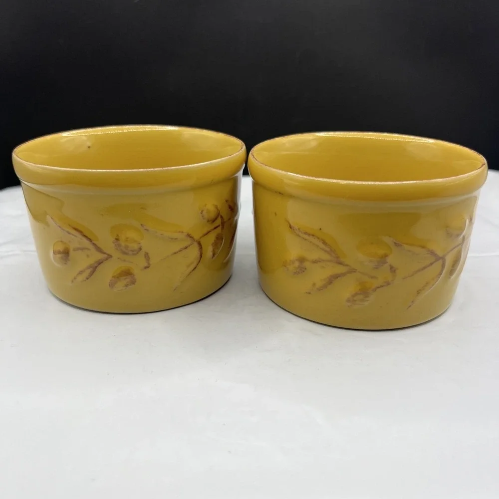 Pair 2 Cerutil Stoneware Mustard Yellow Ramekin Set Portugal Raised Olive Motif
